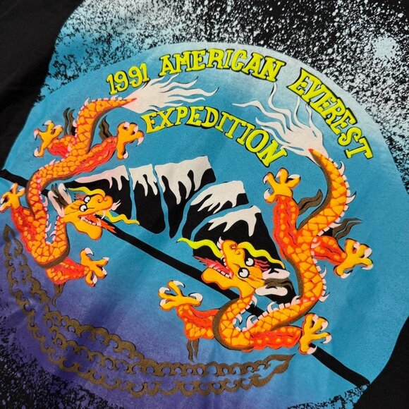 Vintage 1991 American Everest‎ Expedition Crazy Black Puffy Print Tee Shirt XL - Picture 2 of 8